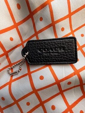 Coach Black Pebbled Leather Hang Tag with Silver Ball Chain 2.37”